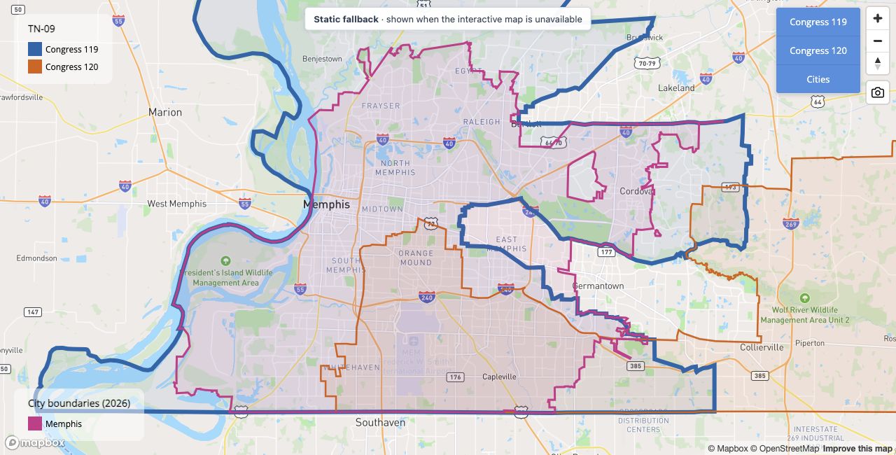 Memphis city boundaries with TN-09 in the 119th and 120th Congresses overlaid