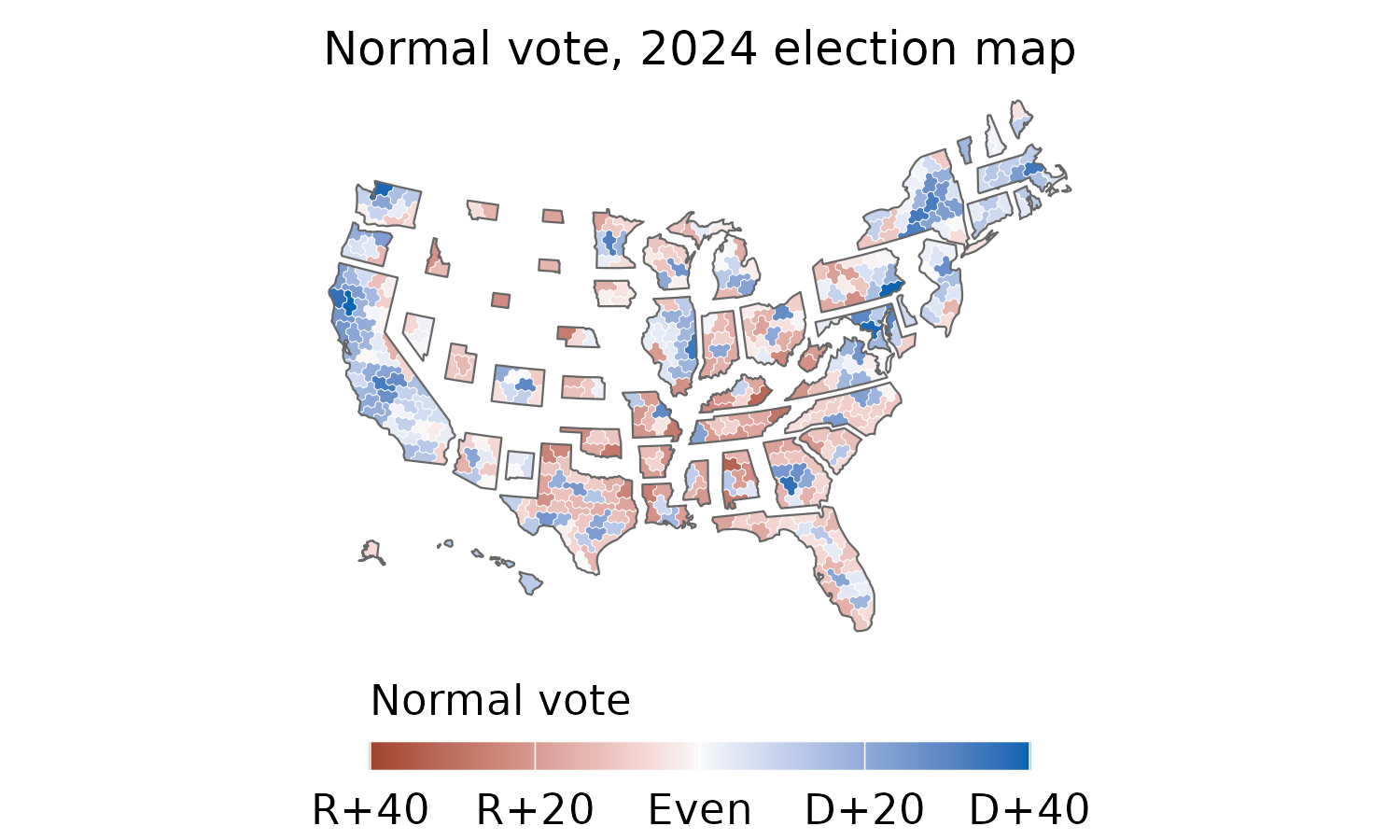 2024 election House hex map colored by independently calculated normal vote: Republican-leaning districts in red, Democratic-leaning districts in blue, with state outlines.